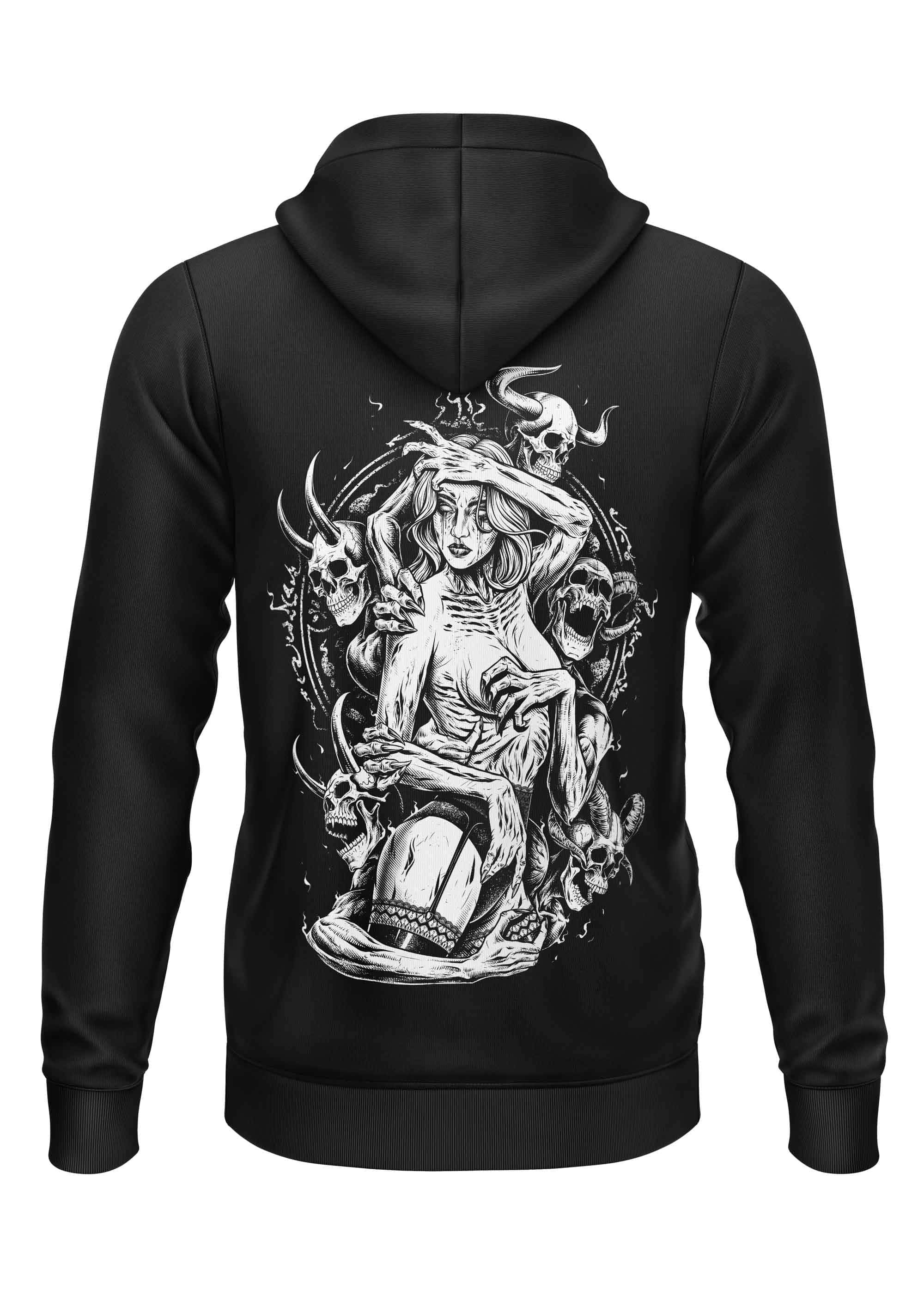 Schwarzer schwerer unisex hoodie mit detailliertem schwarz-weiß grafikdruck eines skeletts und schädeln auf der rückseite gaia lizenzierte bekleidung ltd